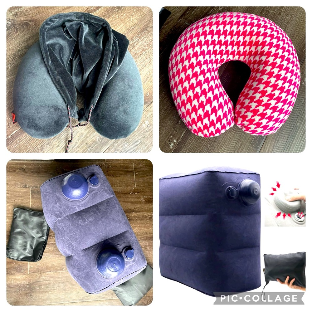 Bundle of 2 Travel Neck Pillows and 2 Inflatable Foot Rest